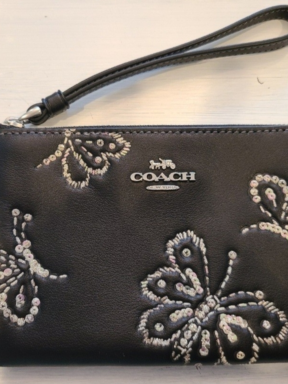 COACH Black Leather Wristlet with Embroidered Sequin Butterflies
